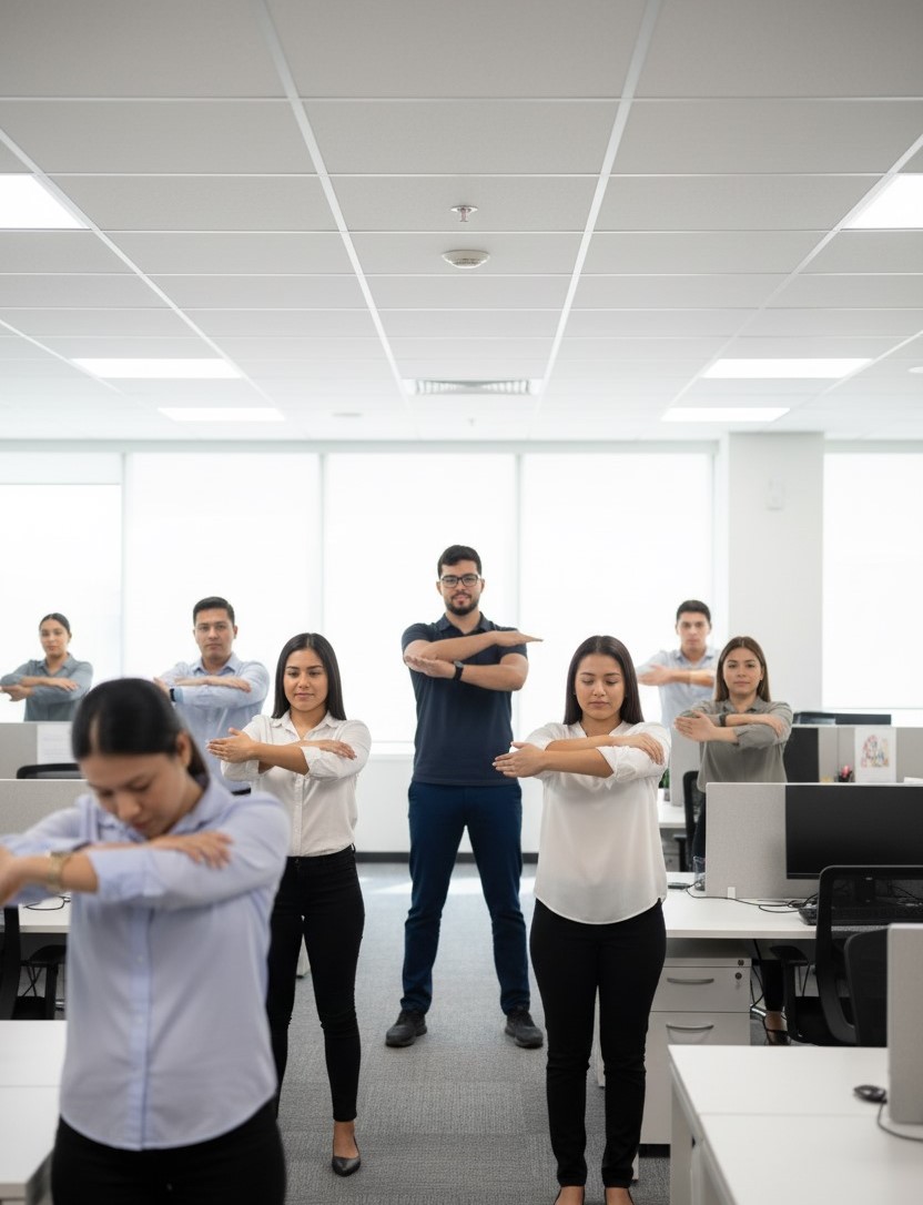 Pessoas fazendo ginástica laboral no escritório