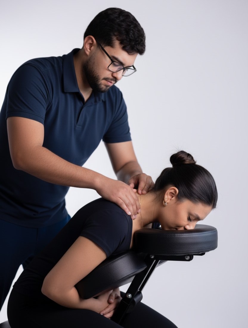 Pessoa recebendo quick massage em cadeira